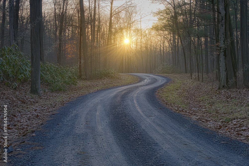 Winding forest road sunset autumn landscape Winding forest road sunset autumn landscape