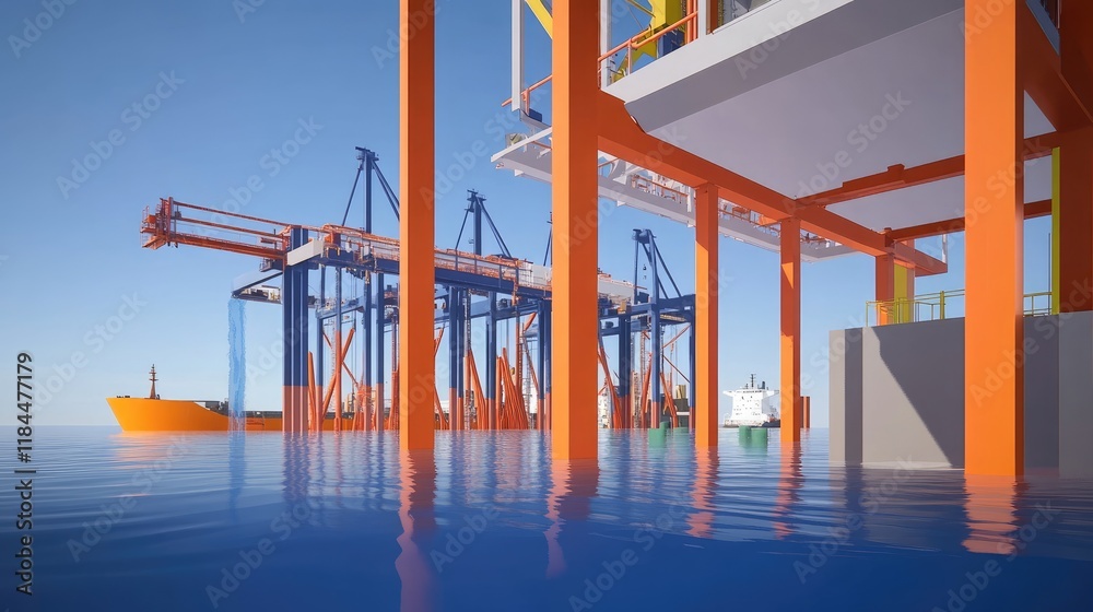A modern port with cranes and a cargo ship, reflecting in calm waters. A modern port with cranes and a cargo ship, reflecting in calm waters.