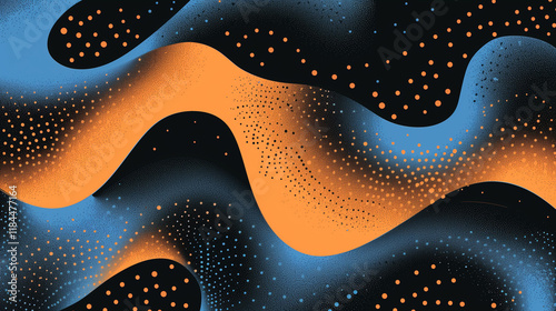 Grainy blue orange black background, abstract color gradient wave shape noise texture poster header banner wallpaper cover design