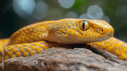 Fierce yellow spotted keelback snake, known as Xenochrophis, lies gracefully on a rock, showcasing its distinctive yellow spots and captivating beauty in a natural setting. photo
