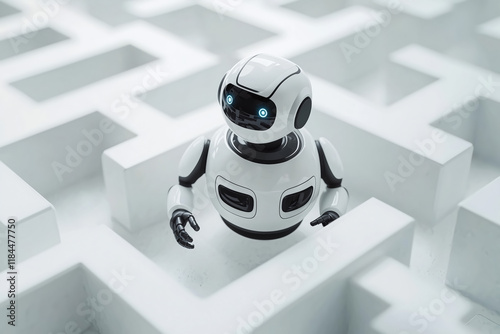 White Robot Navigating Clean Maze Autonomous Solving Problem Future Technology AI Innovation Research Exploration
