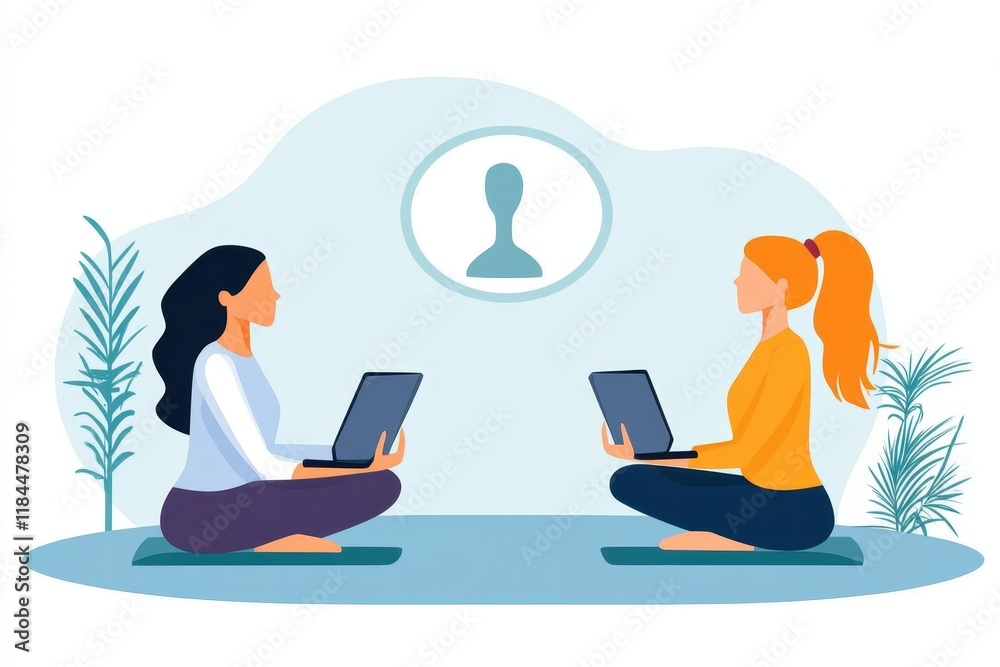 Illustration of Coworkers Taking a Break While Engaging in Virtual Meeting with Laptops and Relaxed Posture in a Calming Environment Illustration of Coworkers Taking a Break While Engaging in Virtual Meeting with Laptops and Relaxed Posture in a Calming Environment