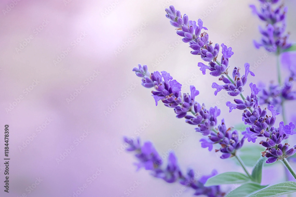 Obraz premium Lavender flowers in soft pastel purple background create serene atmosphere. delicate petals and calming hues evoke sense of tranquility and beauty