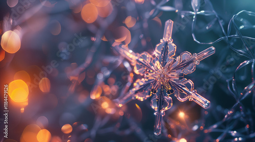 One elegant gentle ice transparent organic tracery snowflake on glowing festive winter time bokeh light background. Elegance holiday banner. Greeting card design. Cold shiny aura. Luminous colors