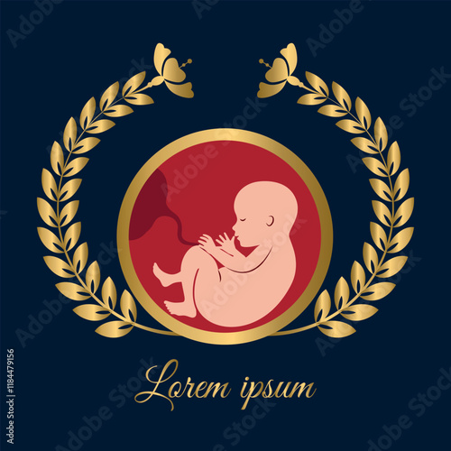 Fetus in womb logo with abstract golden leaf and flower design. isolated on deep blue background.Vector illustration ,all layers are single for any coustomization ,Eps 10
