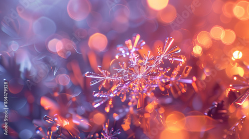 One elegant gentle ice transparent organic tracery snowflake on glowing festive winter time bokeh light background. Elegance holiday banner. Greeting card design. Cold shiny aura. Luminous colors 