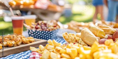 Football-themed party setup with popcorn, American footballs, and beer glasses photo