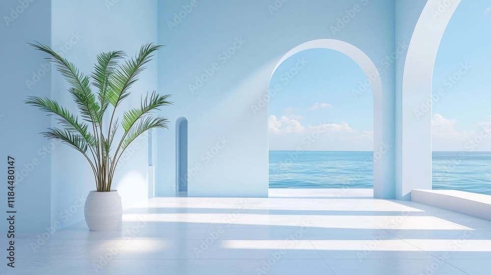 Fototapeta premium Minimalist Blue Oasis Palm, Archways, Ocean View