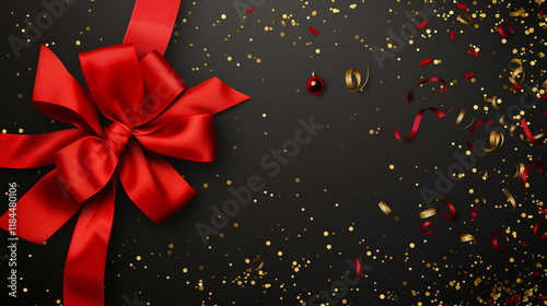 Shiny red satin ribbon bow on black dark background with golden festive confetti. Banner for christmas gift, black friday, big sale. Retail promotions, discount events, social media marketing and more