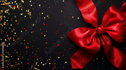 Shiny red satin ribbon bow on black dark background with golden festive confetti. Banner for christmas gift, black friday, big sale. Retail promotions, discount events, social media marketing and more