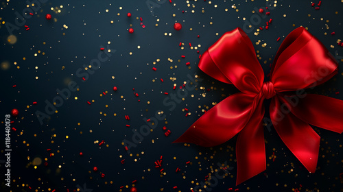 Shiny red satin ribbon bow on black dark background with golden festive confetti. Banner for christmas gift, black friday, big sale. Retail promotions, discount events, social media marketing and more