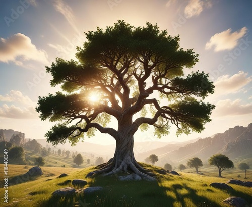 Il grande albero isolato sulla cima della collina con il sole tramontante alle spalle , solitary, tree