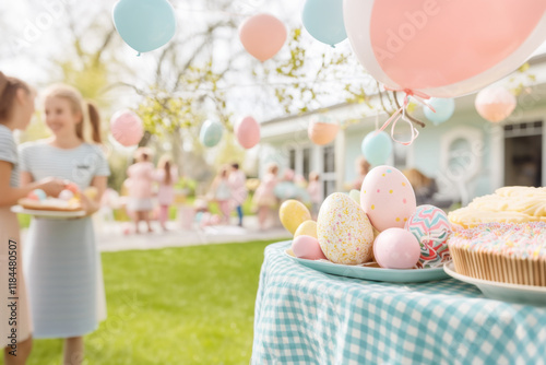 Family enjoying backyard Easter barbecue during spring gathering with pastel decorations