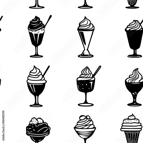 Collection of Brownie Sundae continuous icon pattern, Brownie Sundae vectorized artwork