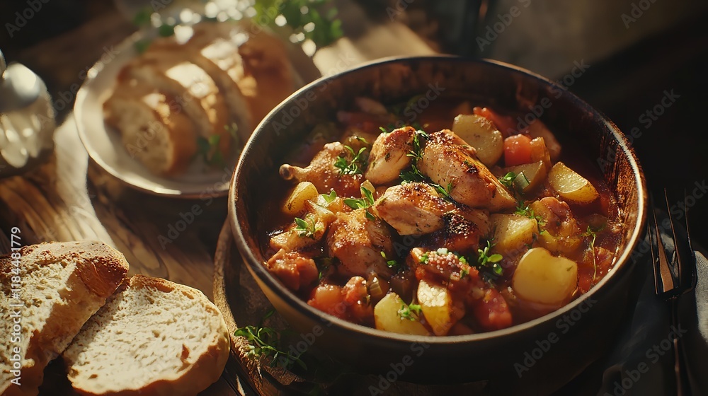A hearty chicken and potato stew is served in a bowl A hearty chicken and potato stew is served in a bowl