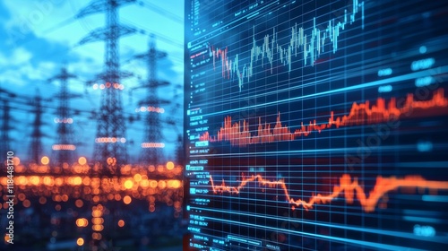 Energy Grid Fluctuations Digital Graph Overlay on Powerline Bokeh