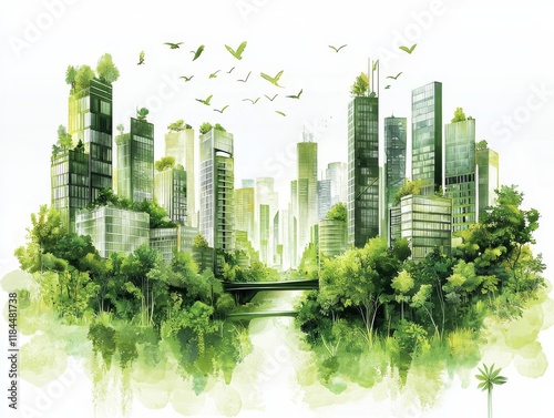 Eco-Cityscape Watercolor Green City with Birds and Lush Foliage