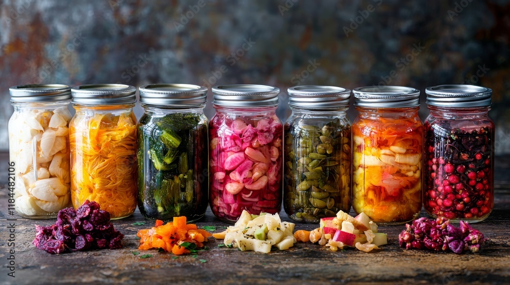 Seven Colorful Fermented Vegetables in Jars A Rustic Still Life Photography