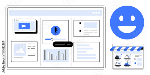 Business dashboard with various widgets, including video player, microphone icon, chart, text entries, happy face, and e-commerce storefront. Ideal for e-commerce, online communication business