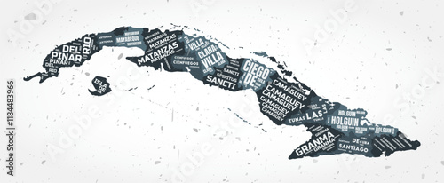Cuba regions word clouds. Country shape on textured background. Cuba design in typographic style. Stylish vector illustration.