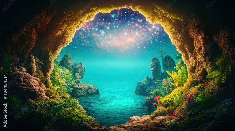 Enchanted Opening in a Magical Forest Revealing a Starry Sky Over a Serene Seascape at Twilight Enchanted Opening in a Magical Forest Revealing a Starry Sky Over a Serene Seascape at Twilight
