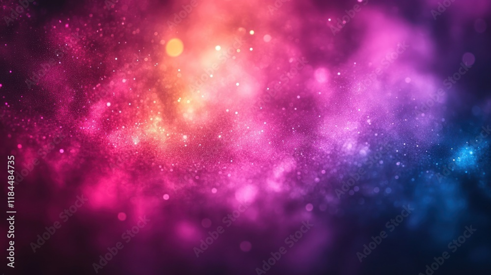 Fototapeta premium Abstract cosmic nebula with vibrant pink, orange, and blue hues, glittering particles and bokeh.