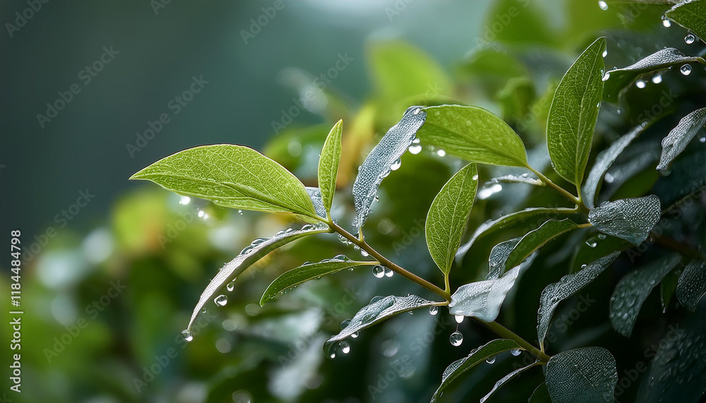 Fototapeta premium inexperienced leaf of bush with water drop after rain