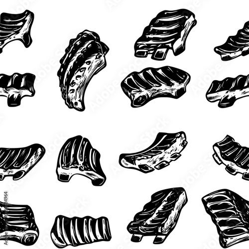 Collection of Grilled pork ribs continuous icon pattern, Grilled pork ribs vectorized artwork