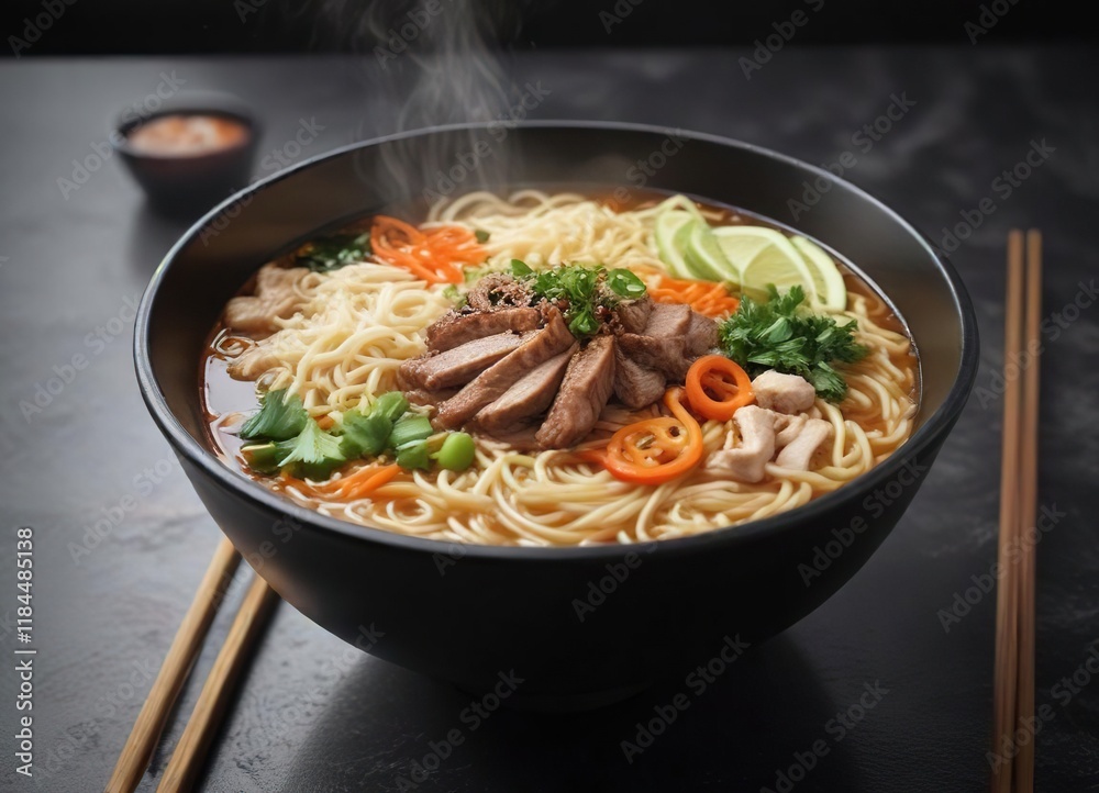 Black bowl filled with steaming hot Asian noodle soup, rich flavors, satisfying warmth, hot liquids Black bowl filled with steaming hot Asian noodle soup, rich flavors, satisfying warmth, hot liquids