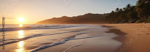 Golden hour light on the beach with waves gently lapping against the shore at Pampatar Beach, ocean, orange, blue photo