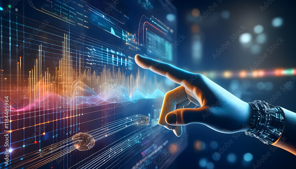 Artificial intelligence robot hand pointing to a digital technology background with a circuit board Artificial intelligence robot hand pointing to a digital technology background with a circuit board