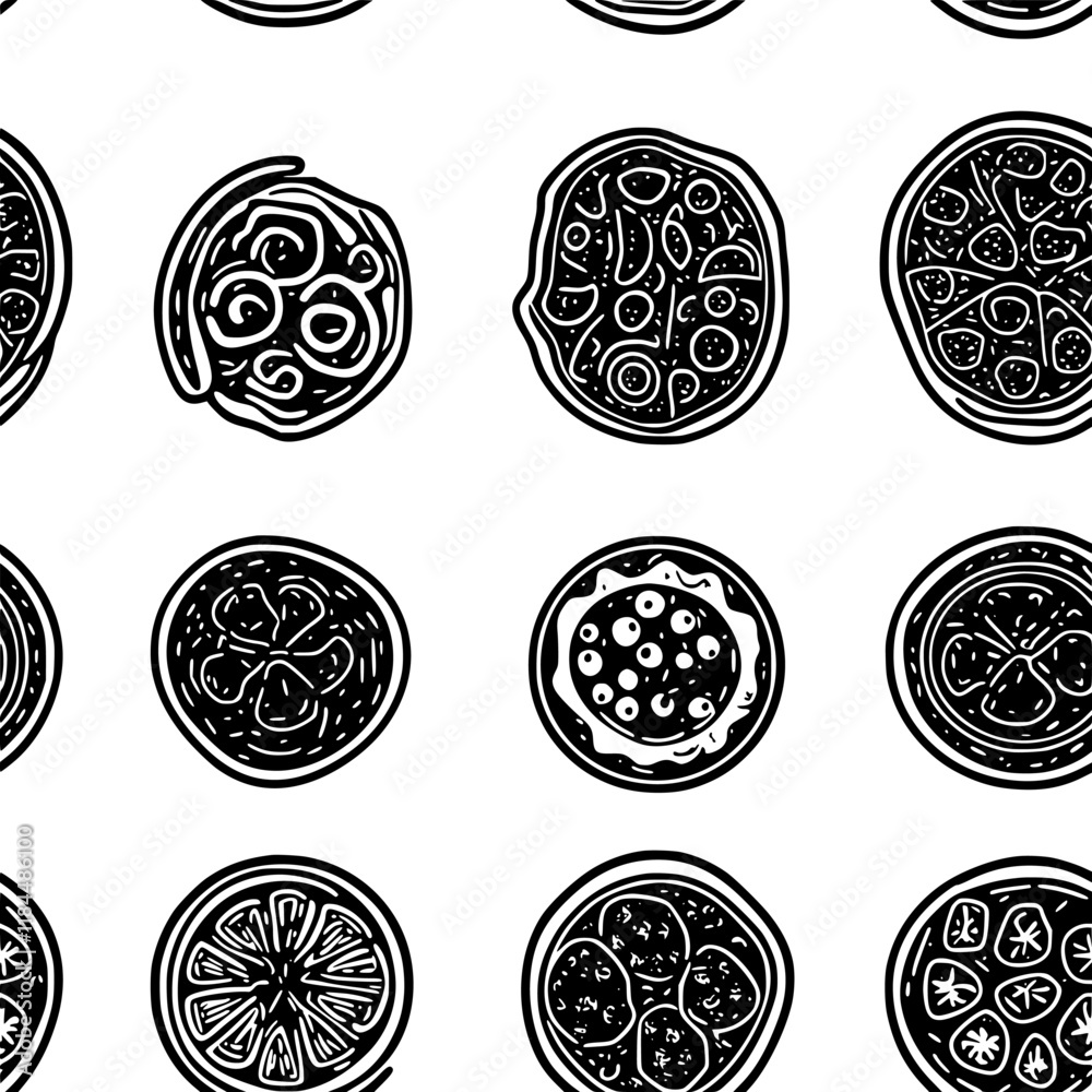 Margherita Pizza tiled design, Margherita Pizza repeating background illustration Margherita Pizza tiled design, Margherita Pizza repeating background illustration