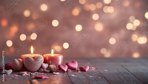 Romantic candlelit hearts display pink background decorative photography soft bokeh close-up love photo