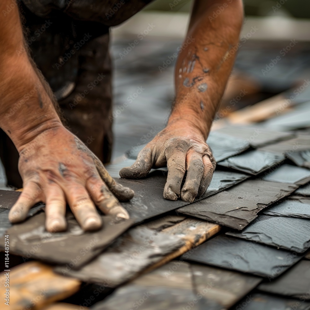 A roofing professional arranges the shingles on a slat of a roof A roofing professional arranges the shingles on a slat of a roof