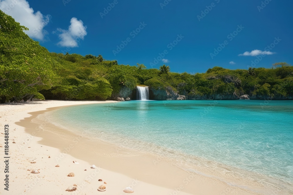 Fototapeta premium Pristine Tropical Beach with Waterfall Oasis