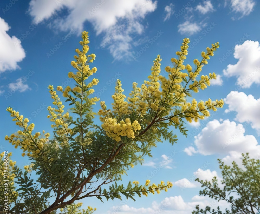 Acacia concinna branches and flowers against a clear blue sky with a few fluffy clouds on a white background , flowering shrub, bushy branches Acacia concinna branches and flowers against a clear blue sky with a few fluffy clouds on a white background , flowering shrub, bushy branches