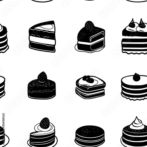 Collection of Sacher torte icons, Sacher torte vectorized seamless pattern