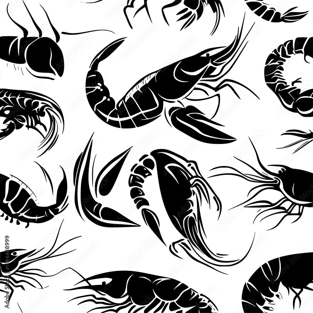 Collection of Shrimp icons, Shrimp illustration art, seamless pattern Collection of Shrimp icons, Shrimp illustration art, seamless pattern