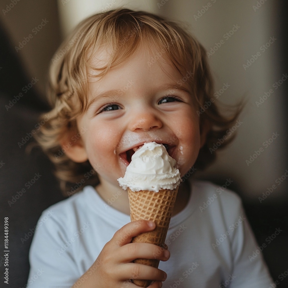 Young child enjoys delicious ice cream cone with a big smile indoors during a warm afternoon