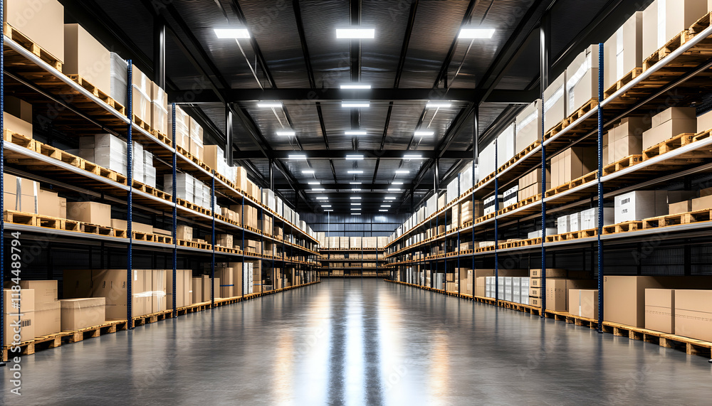Fototapeta premium Vast warehouse interior showcasing rows of neatly stacked cardboard boxes on high-bay racking systems under bright fluorescent lights.