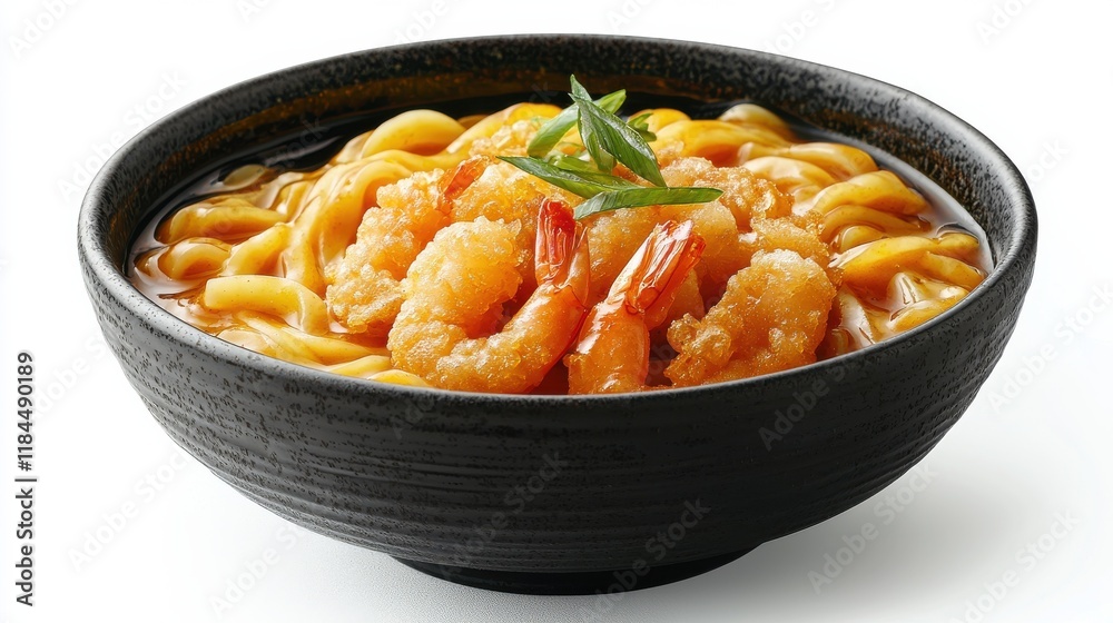 Delicious bowl of golden curry udon with tempura shrimp japanese cuisine food restaurant setting top view gourmet concept Delicious bowl of golden curry udon with tempura shrimp japanese cuisine food restaurant setting top view gourmet concept