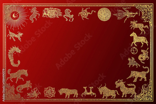 vibrant red background adorned with intricate gold zodiac symbols and designs, creating mystical and elegant atmosphere photo