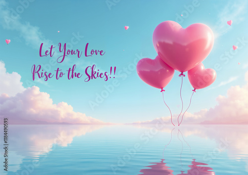 Heart-shaped balloons floating on water with clouds and text