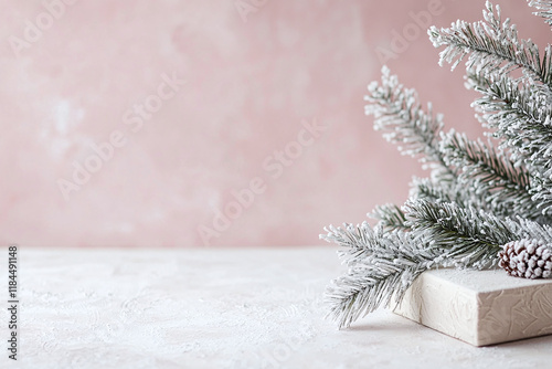 soft blush pink background with frosted evergreen branches and decorative gift box creates serene holiday atmosphere. Perfect for seasonal celebrations and winter themes photo