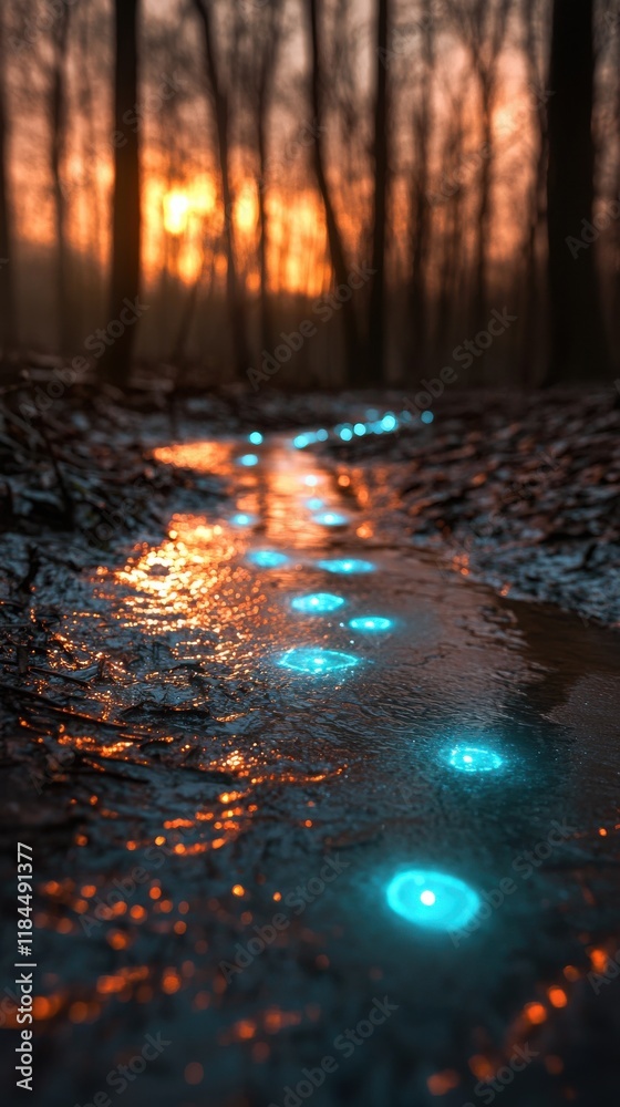 Fototapeta premium Magical Glowing Trail Through Enchanting Woodland at Sunset