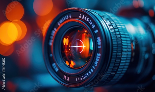 Close-up of camera lens with bokeh lights. photo