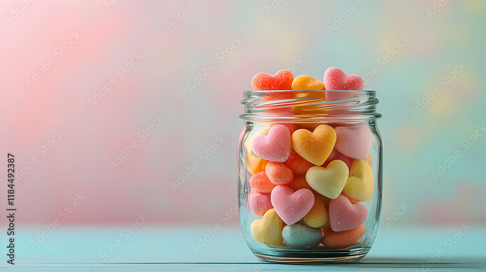 Colorful heart-shaped candies in a jar festive setting food photography whimsical atmosphere close-up view love and joy concept Colorful heart-shaped candies in a jar festive setting food photography whimsical atmosphere close-up view love and joy concept