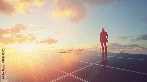 Solar Panel Technician Surveying Golden Sunset Vista