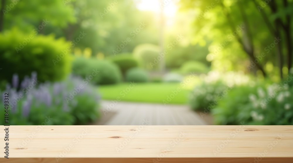 Wooden Table in a Beautiful Garden with Sunlight, Greenery, and Floral Blossoms for Nature Decor. Wooden Table in a Beautiful Garden with Sunlight, Greenery, and Floral Blossoms for Nature Decor.