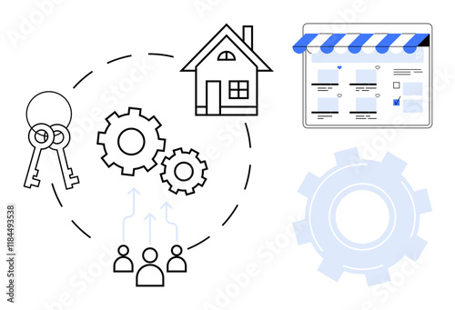 Keys, gears, house, people, and online store concept highlighting real estate management. Ideal for property management, automated systems, team collaboration, online business home services